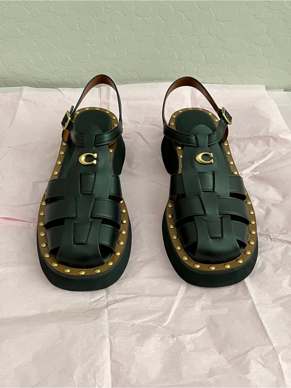 Coach Vivienne Fisherman C Studded Black Leather Sandals - Picture 4 of 9